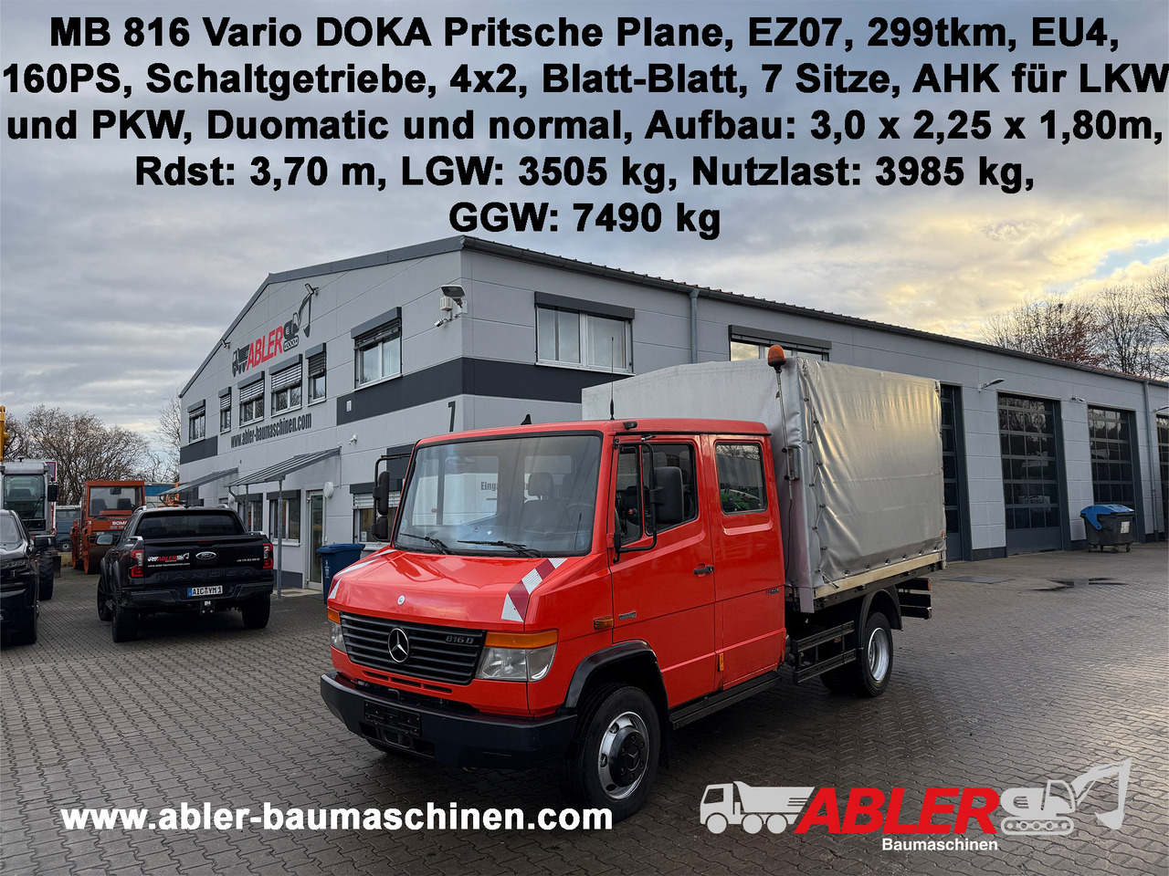 Mercedes-Benz 816 Vario Doka Pritsche Plane 2x AHK - Curtainsider truck: picture 1 Mercedes-Benz 816 Vario Doka Pritsche Plane 2x AHK - Curtainsider truck: picture 1