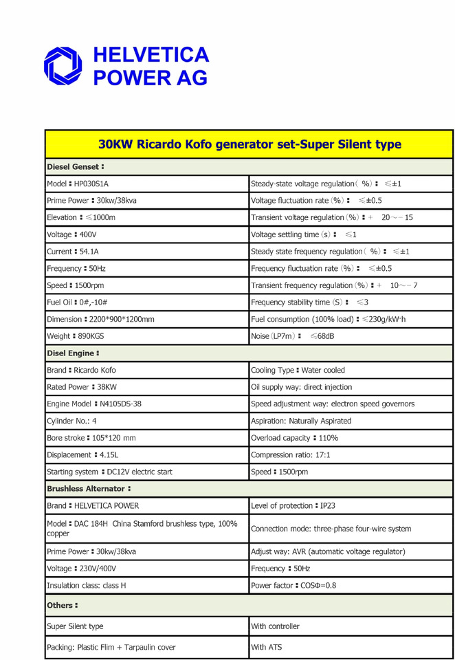 HELVETICA POWER HP030S1A 38KVA / 30KW Diesel Stromgenerator SuperSilent - Generator set: picture 4 HELVETICA POWER HP030S1A 38KVA / 30KW Diesel Stromgenerator SuperSilent - Generator set: picture 4