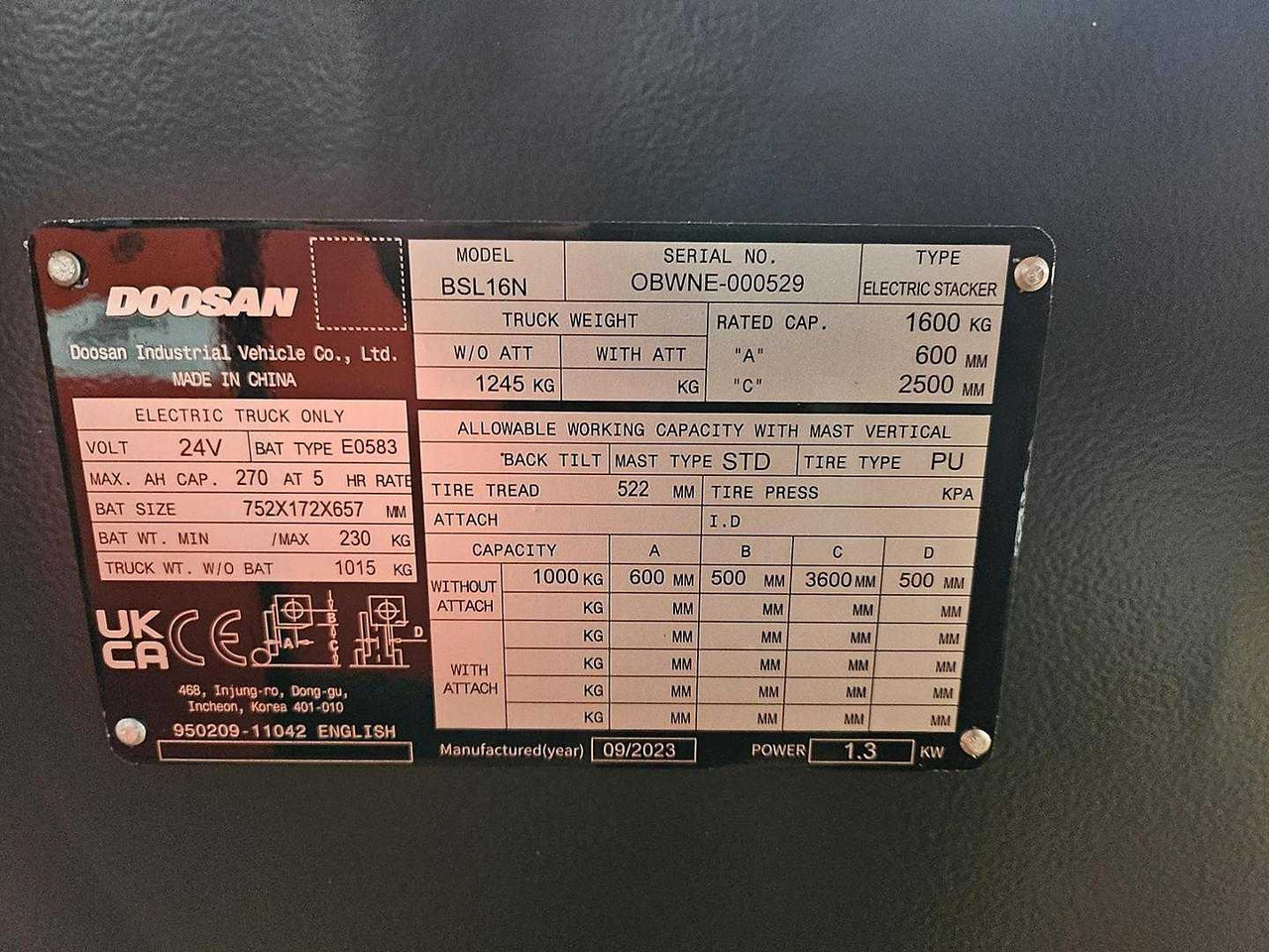 Stacker Doosan BSL16N: picture 6