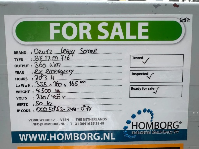 Generator set Deutz BF12M 716 Leroy Somer 360 kVA generatorset ex emergency: picture 16