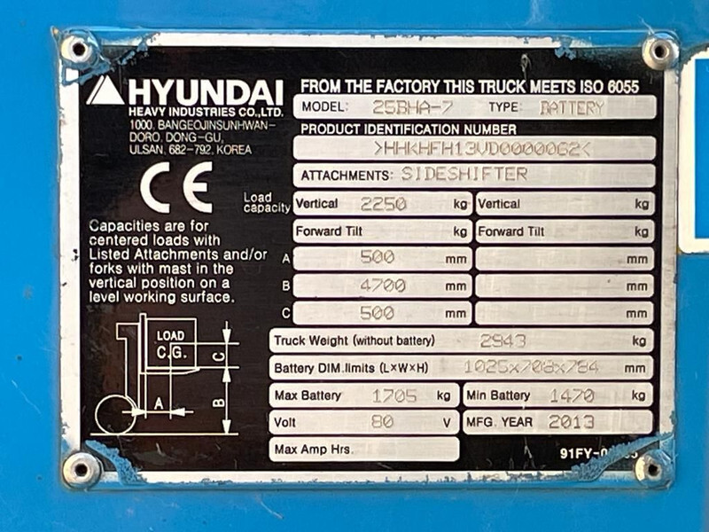 Hyundai 25BHA-7 2.5 ton Triplex Freelift Sideshift Elektra Heftruck - Electric forklift: picture 3 Hyundai 25BHA-7 2.5 ton Triplex Freelift Sideshift Elektra Heftruck - Electric forklift: picture 3