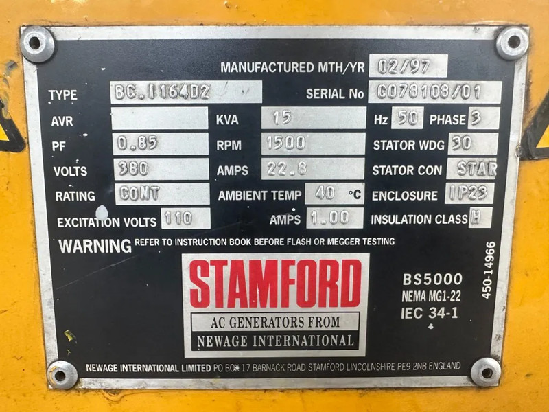 Stamford BC.I164D2 15 kVa Stamford Dubbel gelagerd Double Bearing generatordeel Alternator - Generator set: picture 3 Stamford BC.I164D2 15 kVa Stamford Dubbel gelagerd Double Bearing generatordeel Alternator - Generator set: picture 3