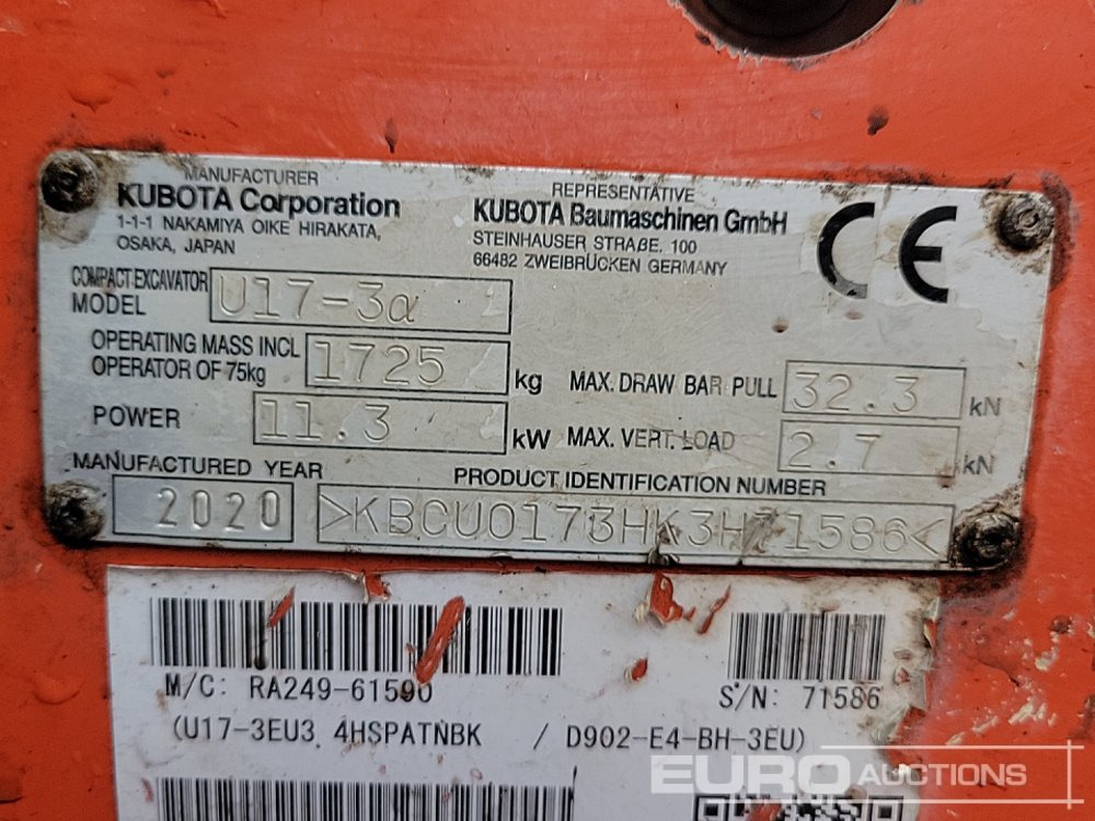 Mini excavator 2020 Kubota U17-3A: picture 40