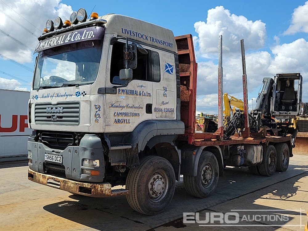 MAN 8x4 Flatbed Timber Lorry, Rear Mounted Kesla 2012T Hydraulic Crane With Cab, Hydraulic Rotating Log Grab, Manual Gearbox - Dropside/ Flatbed truck: picture 1 MAN 8x4 Flatbed Timber Lorry, Rear Mounted Kesla 2012T Hydraulic Crane With Cab, Hydraulic Rotating Log Grab, Manual Gearbox - Dropside/ Flatbed truck: picture 1
